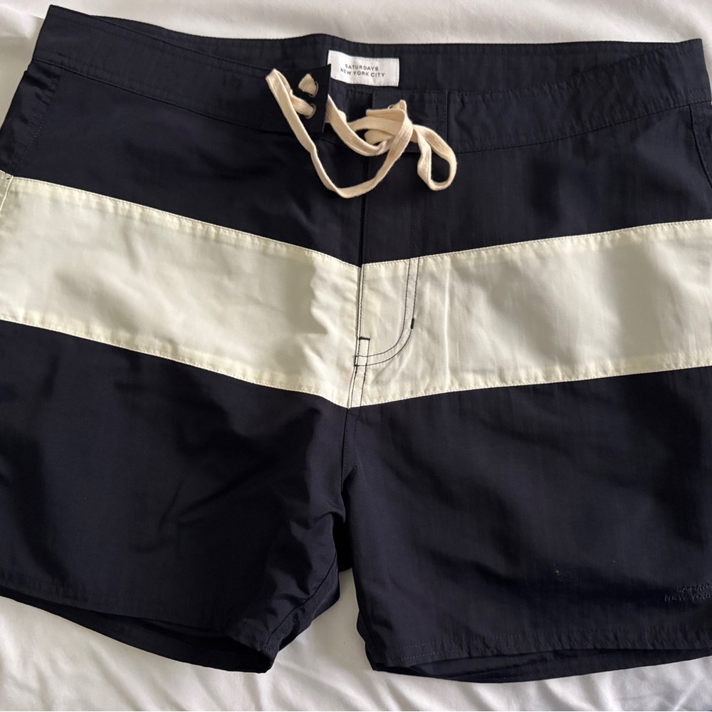Saturday’s NYC Navy White Stripe Swim Trunks